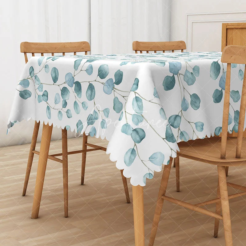Aperturee - Aperturee Sweet and Fresh Rectangle Tablecloth with Teal Leaves for Modern and Serene Botanical Kitchen Decor