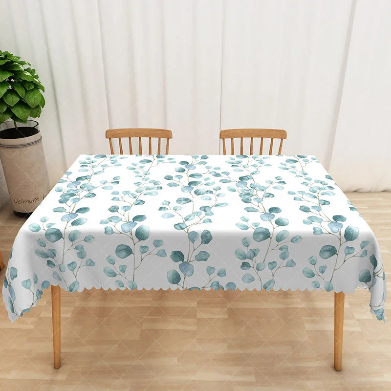 Aperturee - Aperturee Sweet and Fresh Rectangle Tablecloth with Teal Leaves for Modern and Serene Botanical Kitchen Decor