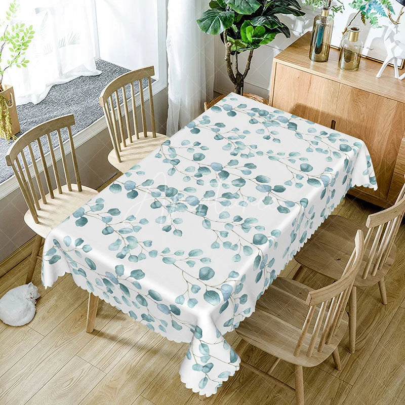Aperturee - Aperturee Sweet and Fresh Rectangle Tablecloth with Teal Leaves for Modern and Serene Botanical Kitchen Decor