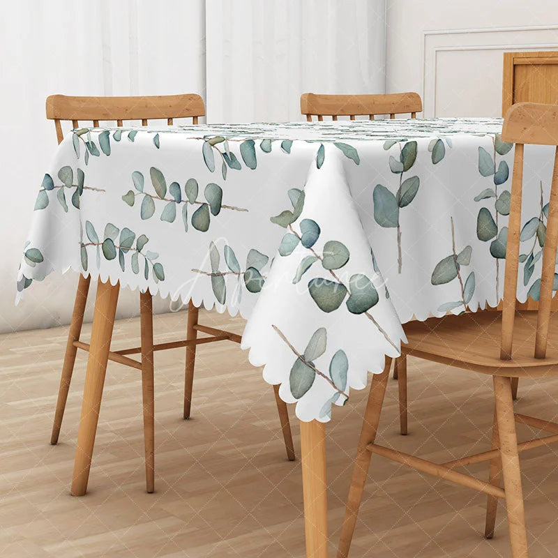 Aperturee - Aperturee Sweet and Fresh Spring Rectangle Tablecloth with Green Leaves for Botanical and Garden Party Decorations