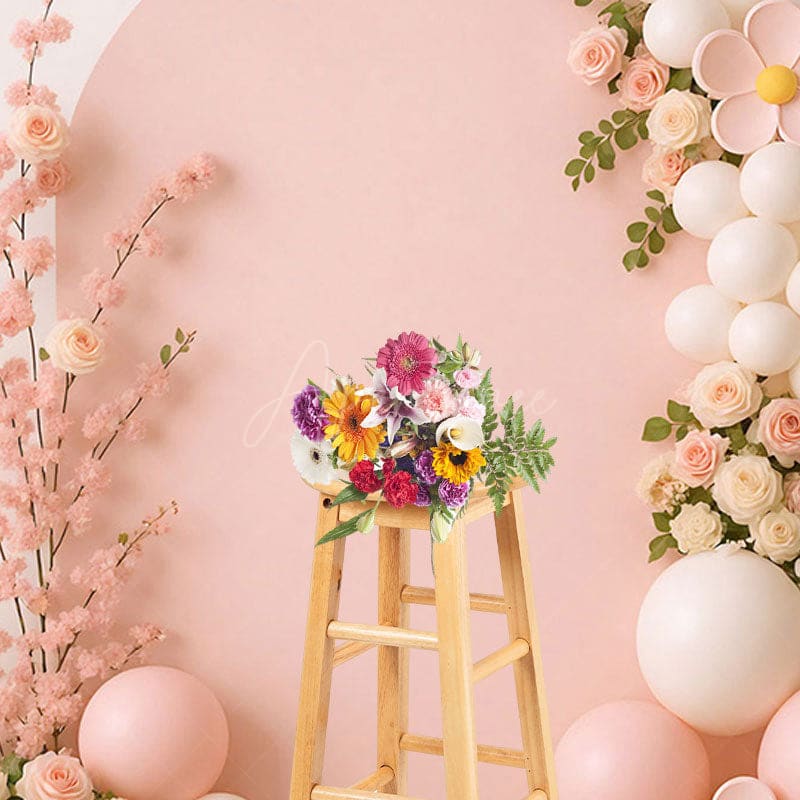 Aperturee - Aperturee Sweet Baby Pink Floral Balloon Cake Smash Backdrop