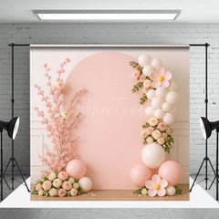 Aperturee - Aperturee Sweet Baby Pink Floral Balloon Cake Smash Backdrop