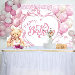 Aperturee - Aperturee Sweet Balloon Teddy Bear Bow Happy Birthday Backdrop