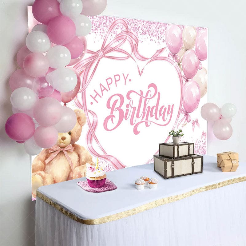 Aperturee - Aperturee Sweet Balloon Teddy Bear Bow Happy Birthday Backdrop
