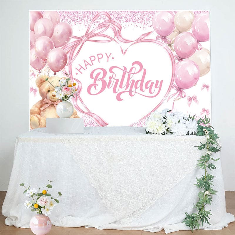 Aperturee - Aperturee Sweet Balloon Teddy Bear Bow Happy Birthday Backdrop