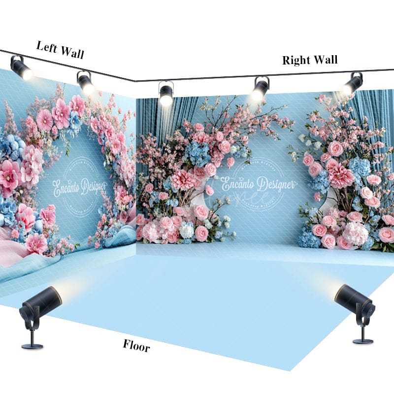 Aperturee - Aperturee Sweet Blue Floral Arch Curtain Room Set Backdrop