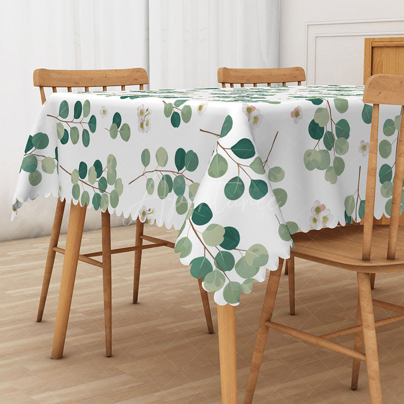 Aperturee - Aperturee Sweet Boho Rectangle Tablecloth with Green Round Leaves for Botanical and Modern Farmhouse Kitchen Decor