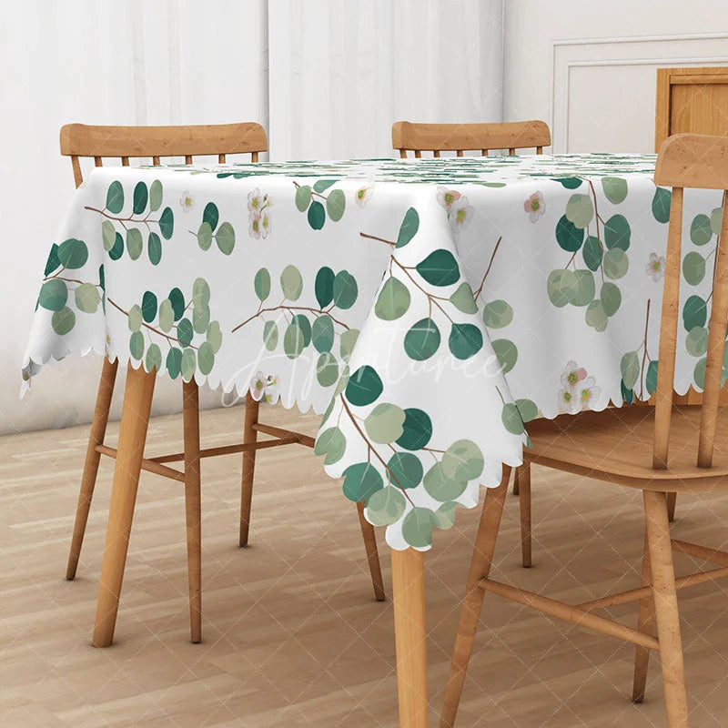 Aperturee - Aperturee Sweet Boho Rectangle Tablecloth with Green Round Leaves for Botanical and Modern Farmhouse Kitchen Decor