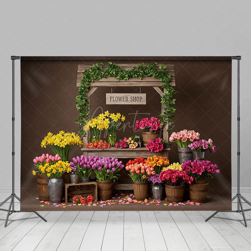 Aperturee - Aperturee Sweet Boho Wood Flower Shop Photo Spring Backdrop