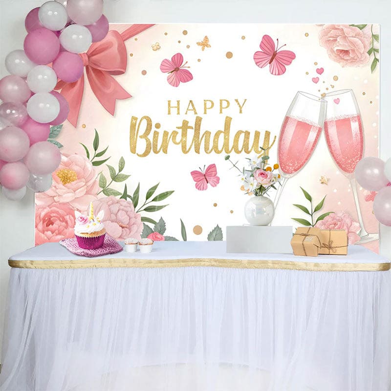 Aperturee - Aperturee Sweet Bows Butterfly Cheers To Birthday Backdrop