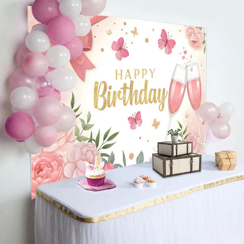 Aperturee - Aperturee Sweet Bows Butterfly Cheers To Birthday Backdrop
