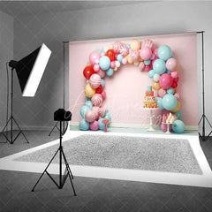 Aperturee - Aperturee Sweet Candy Balloon Arch Cake Smash Photography Backdrop Pastel Lollipop Party Background