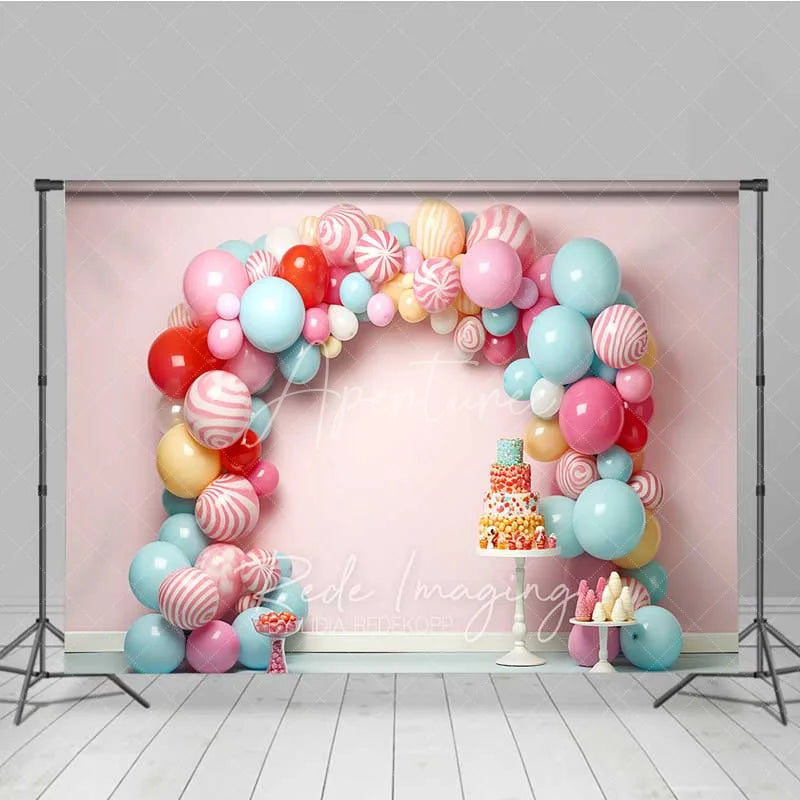 Aperturee - Aperturee Sweet Candy Balloon Arch Cake Smash Photography Backdrop Pastel Lollipop Party Background