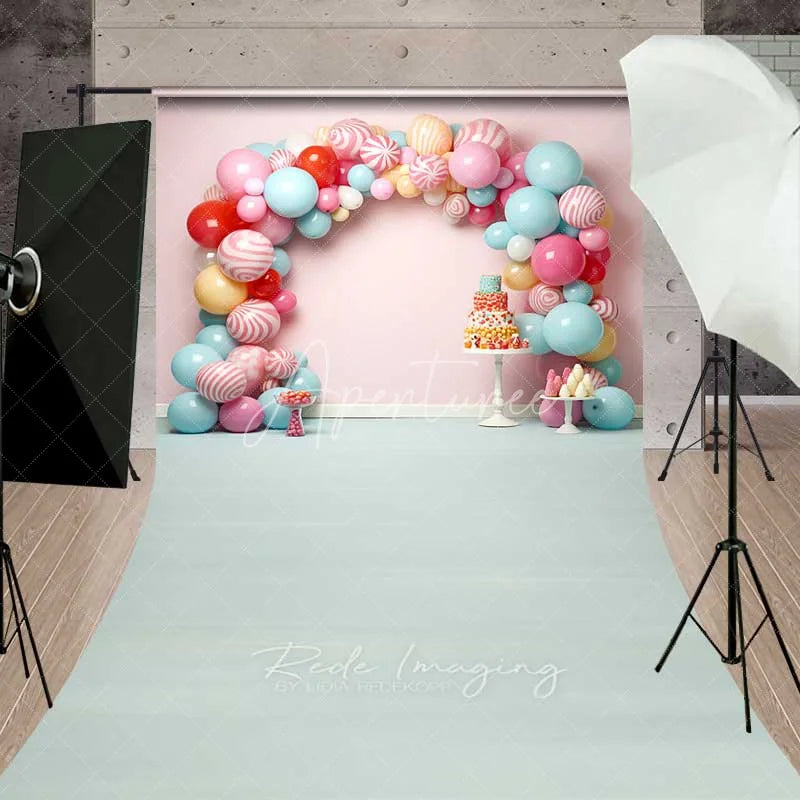 Aperturee - Aperturee Sweet Candy Balloon Arch Cake Smash Sweep Photography Backdrop Pastel Lollipop Party Blue Floor Photo Prop