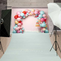 Aperturee - Aperturee Sweet Candy Balloon Arch Cake Smash Sweep Photography Backdrop Pastel Lollipop Party Blue Floor Photo Prop