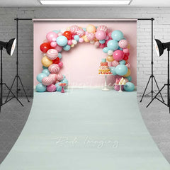Aperturee - Aperturee Sweet Candy Balloon Arch Cake Smash Sweep Photography Backdrop Pastel Lollipop Party Blue Floor Photo Prop
