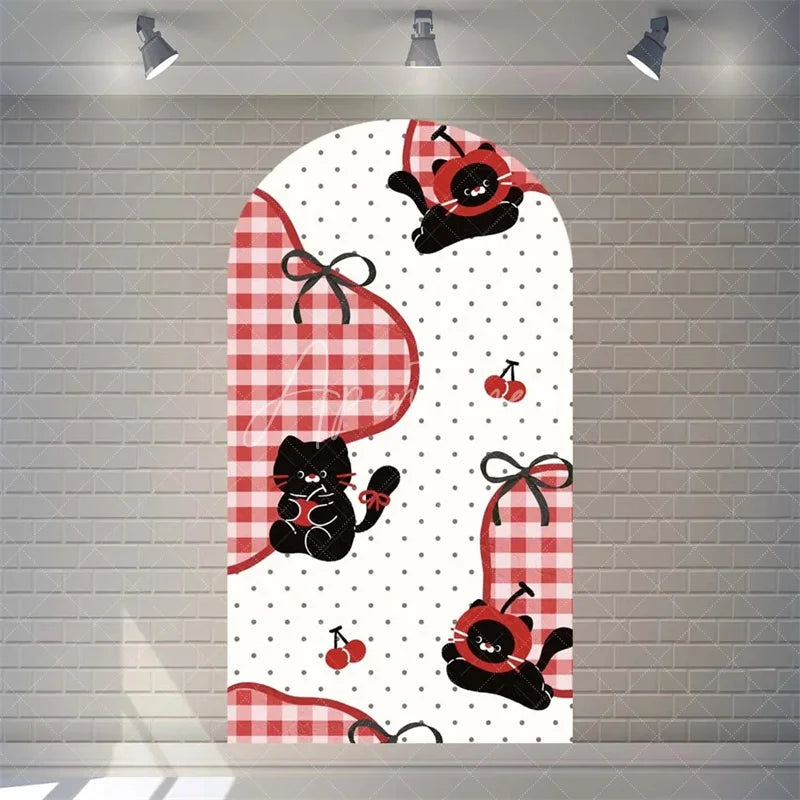 Aperturee - Aperturee Sweet Cherry and Pink Bows Baby Shower Arch Backdrop Heart Pattern Girl Birthday Party Decoration