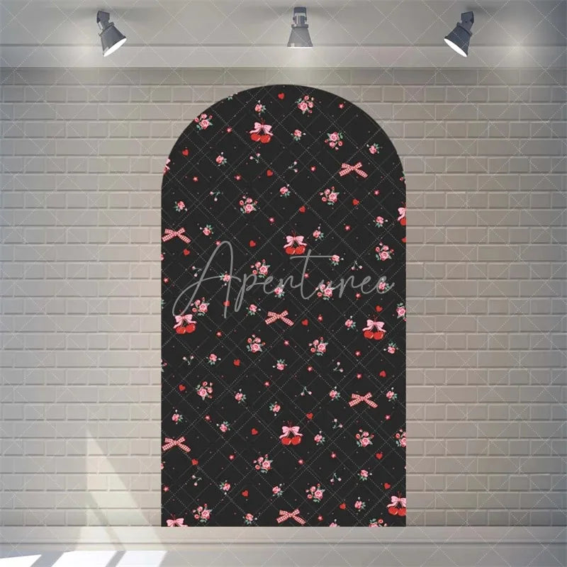 Aperturee - Aperturee Sweet Cherry and Pink Bows Baby Shower Arch Backdrop Heart Pattern Girl Birthday Party Decoration