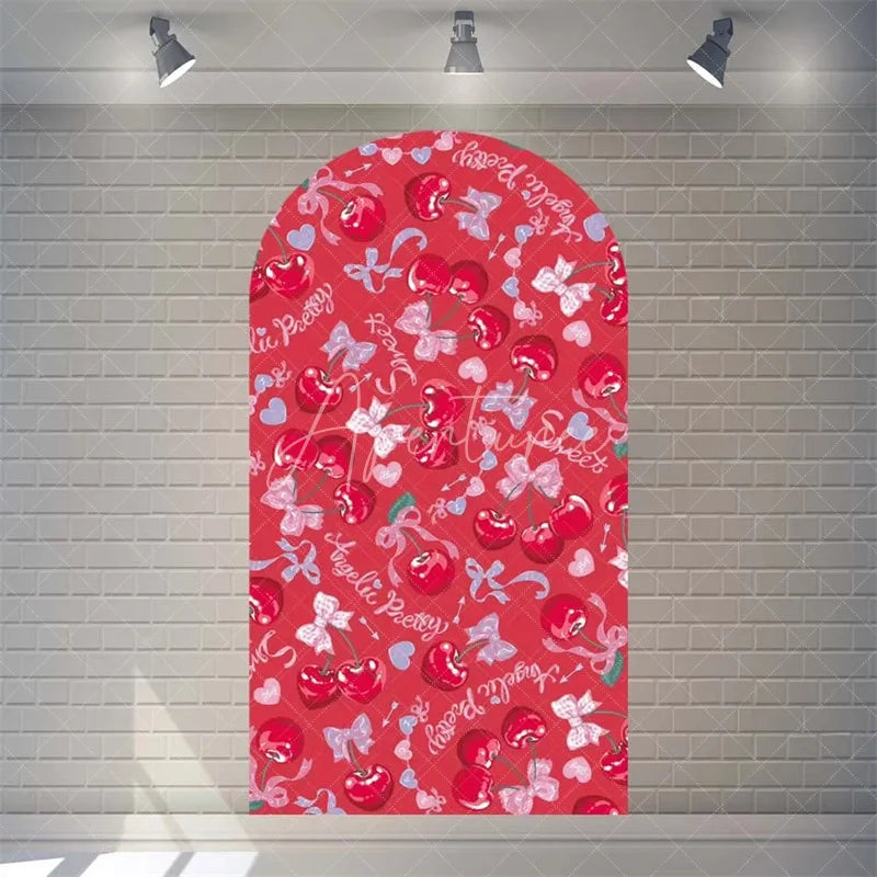 Aperturee - Aperturee Sweet Cherry and Pink Bows Baby Shower Arch Backdrop Heart Pattern Girl Birthday Party Decoration
