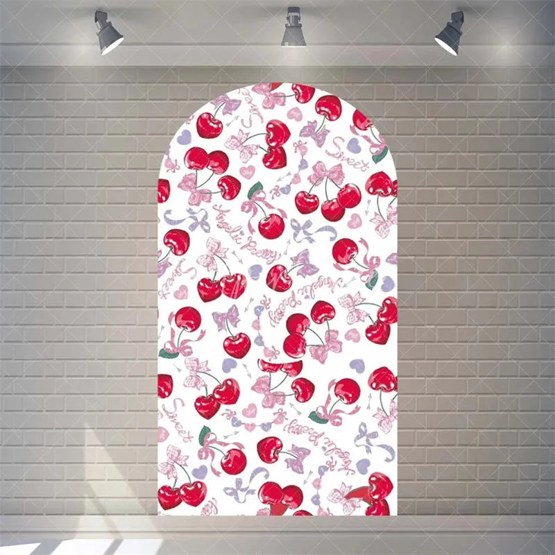 Aperturee - Aperturee Sweet Cherry and Pink Bows Baby Shower Arch Backdrop Heart Pattern Girl Birthday Party Decoration