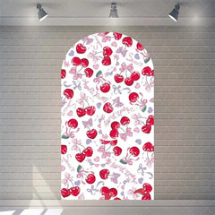 Aperturee - Aperturee Sweet Cherry and Pink Bows Baby Shower Arch Backdrop Heart Pattern Girl Birthday Party Decoration
