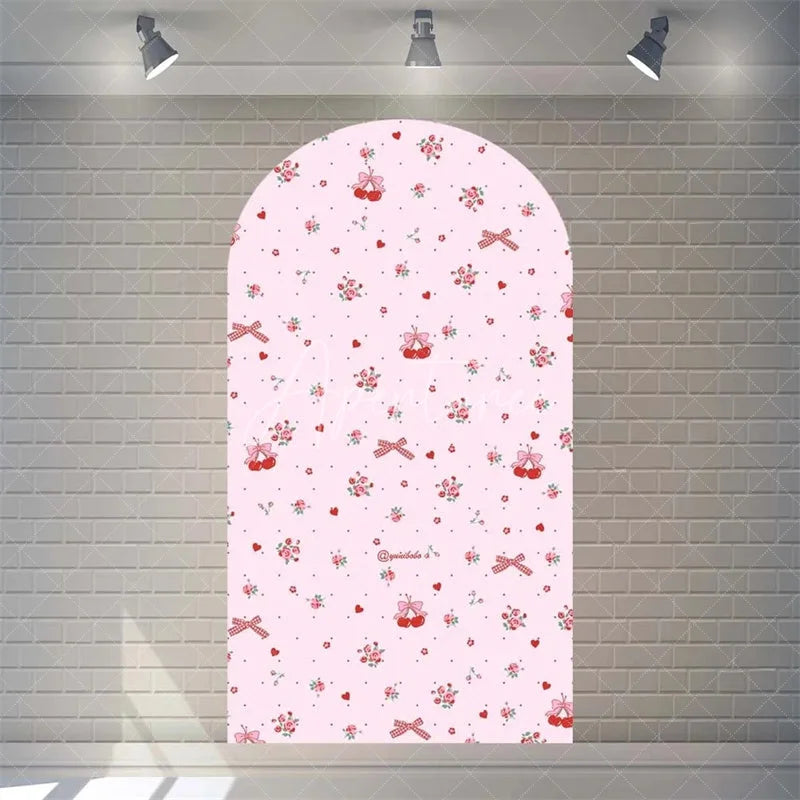 Aperturee - Aperturee Sweet Cherry and Pink Bows Baby Shower Arch Backdrop Heart Pattern Girl Birthday Party Decoration