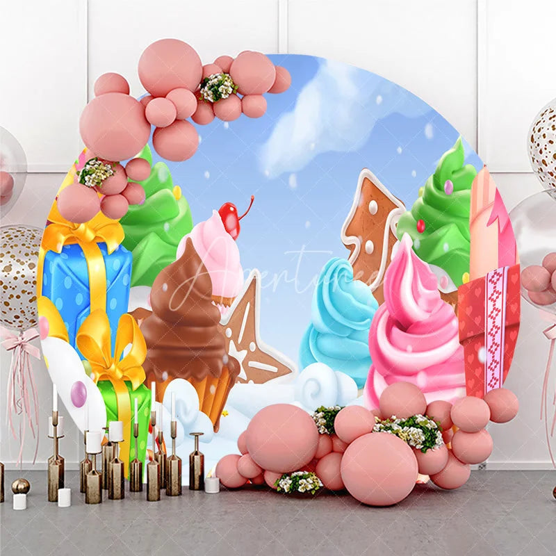 Aperturee - Aperturee Sweet Christmas Candy Land Round Backdrop with Whimsical Cupcakes Gingerbread and Gifts