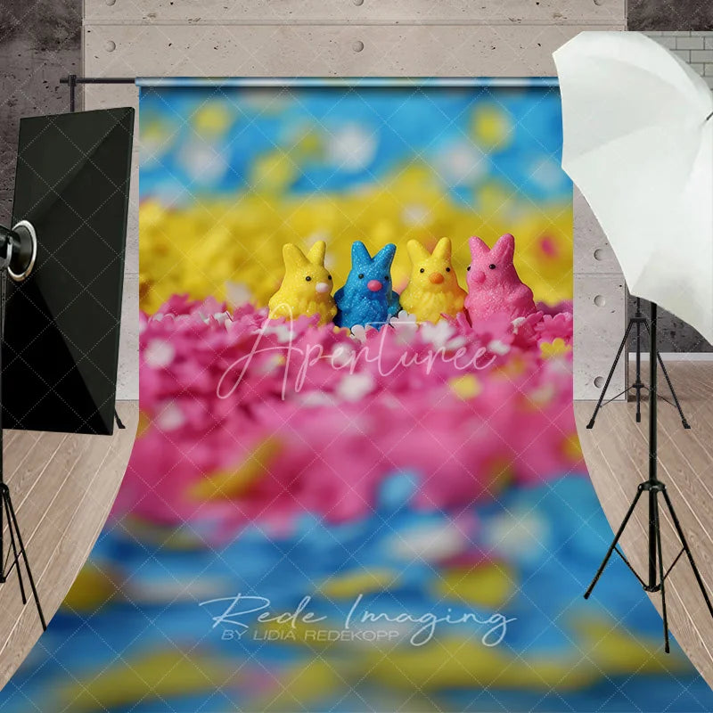 Aperturee - Aperturee Sweet Colorful Bunny Candies Easter Backdrop Pink Floral Sprinkles Macro Sweep Portrait Studio Background