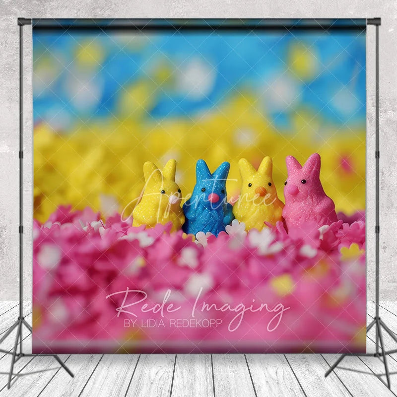 Aperturee - Aperturee Sweet Colorful Bunny Candies Easter Photography Backdrop Pink Floral Sprinkles Dreamy Studio Background