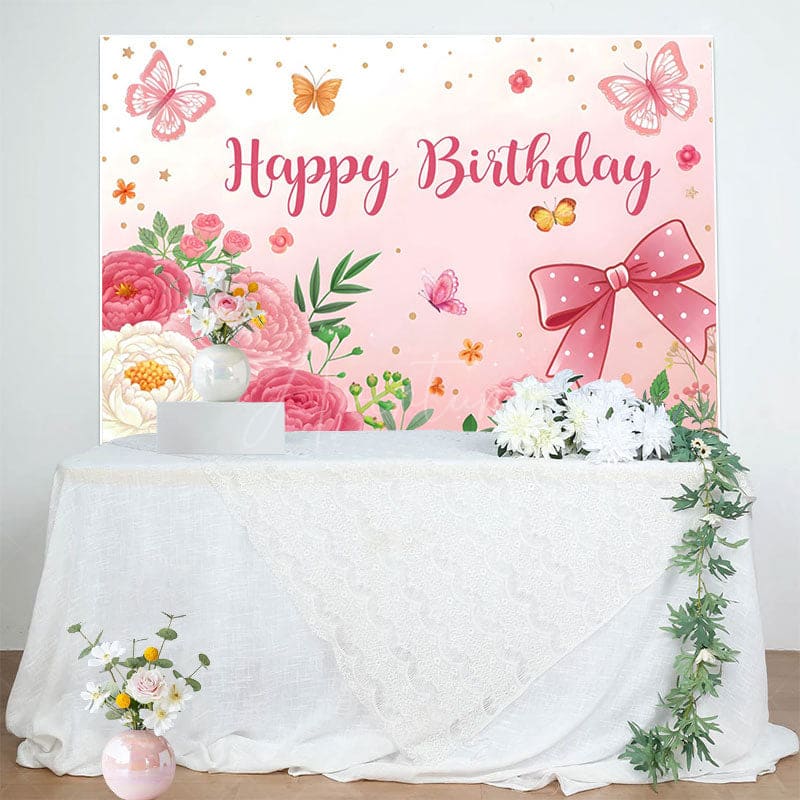 Aperturee - Aperturee Sweet Floral Butterfly Bows Happy Birthday Backdrop