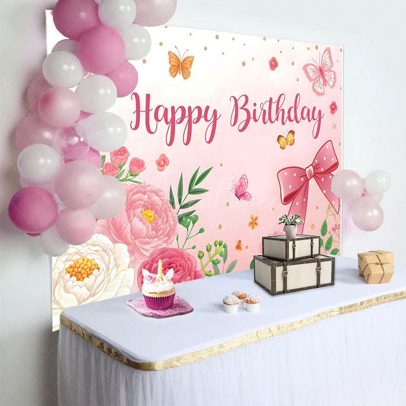 Aperturee - Aperturee Sweet Floral Butterfly Bows Happy Birthday Backdrop