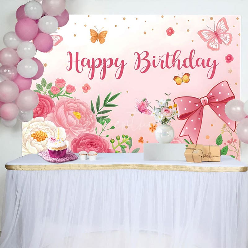 Aperturee - Aperturee Sweet Floral Butterfly Bows Happy Birthday Backdrop