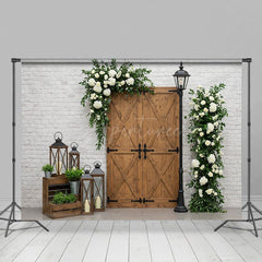 Aperturee - Aperturee Sweet Floral Wooden Door White Brick Wedding Backdrop