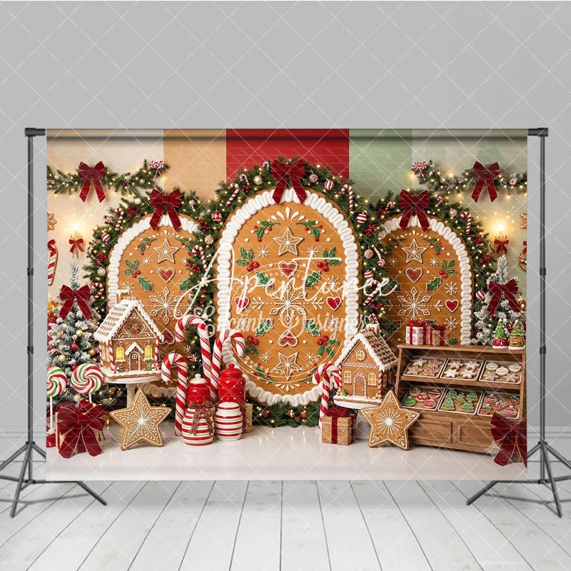 Aperturee - Aperturee Sweet Gingerbread Cookie Arches Holiday Backdrop Festive Candy Cane Christmas Tree and Cookie Party Decor