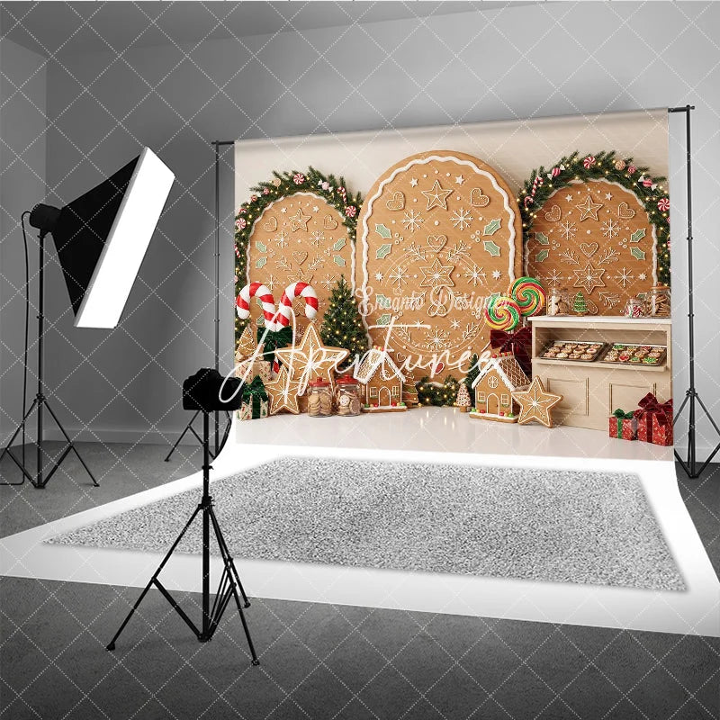 Aperturee - Aperturee Sweet Gingerbread Cookie Holiday Backdrop with Festive Christmas Trees Candy Canes Decor Winter Party Photography