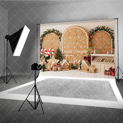 Aperturee - Aperturee Sweet Gingerbread Cookie Holiday Backdrop with Festive Christmas Trees Candy Canes Decor Winter Party Photography