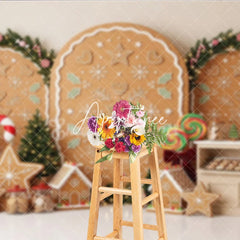 Aperturee - Aperturee Sweet Gingerbread Cookie Holiday Backdrop with Festive Christmas Trees Candy Canes Decor Winter Party Photography