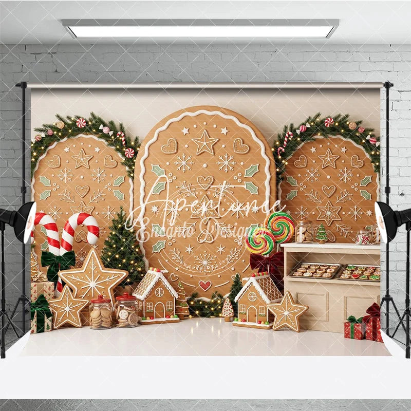 Aperturee - Aperturee Sweet Gingerbread Cookie Holiday Backdrop with Festive Christmas Trees Candy Canes Decor Winter Party Photography