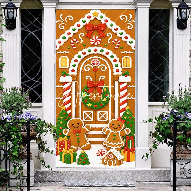 Aperturee - Aperturee Sweet Gingerbread House Christmas Door Cover with Candy Gingerbread Man and Woman Festive Holiday Decor