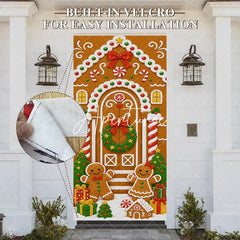 Aperturee - Aperturee Sweet Gingerbread House Christmas Door Cover with Candy Gingerbread Man and Woman Festive Holiday Decor