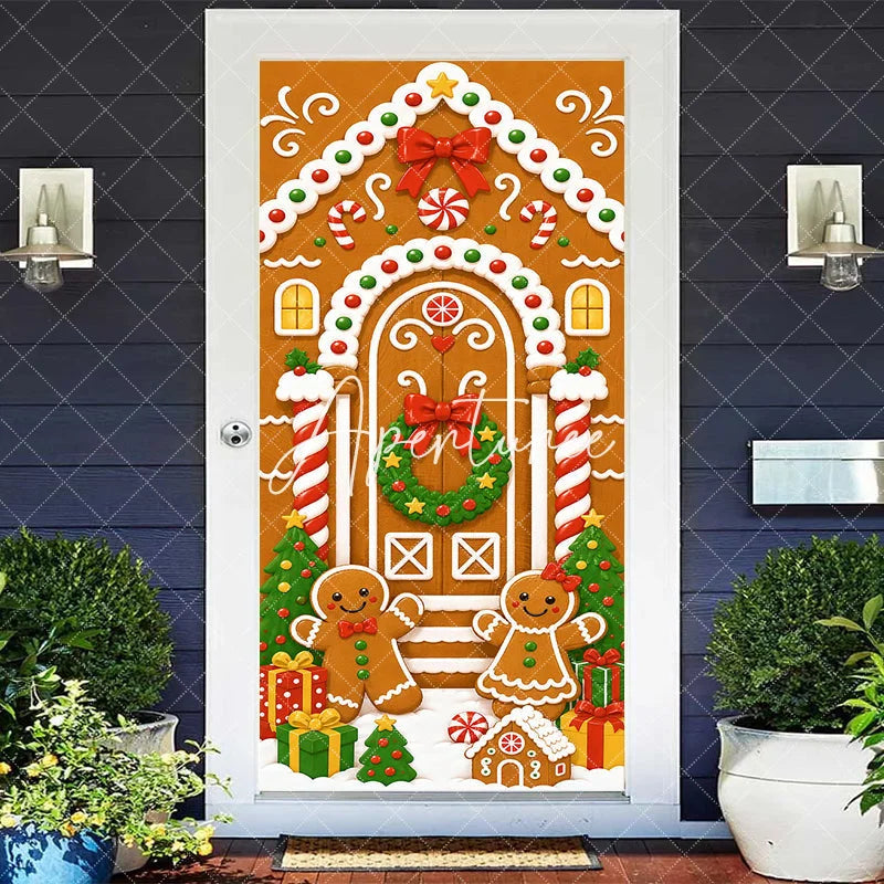 Aperturee - Aperturee Sweet Gingerbread House Christmas Door Cover with Candy Gingerbread Man and Woman Festive Holiday Decor