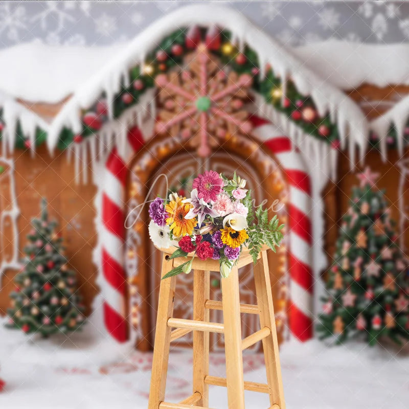 Aperturee - Aperturee Sweet Gingerbread House Christmas Holiday Backdrop with Snow Covered Roof and Candy Trees Winter Wonderland Party