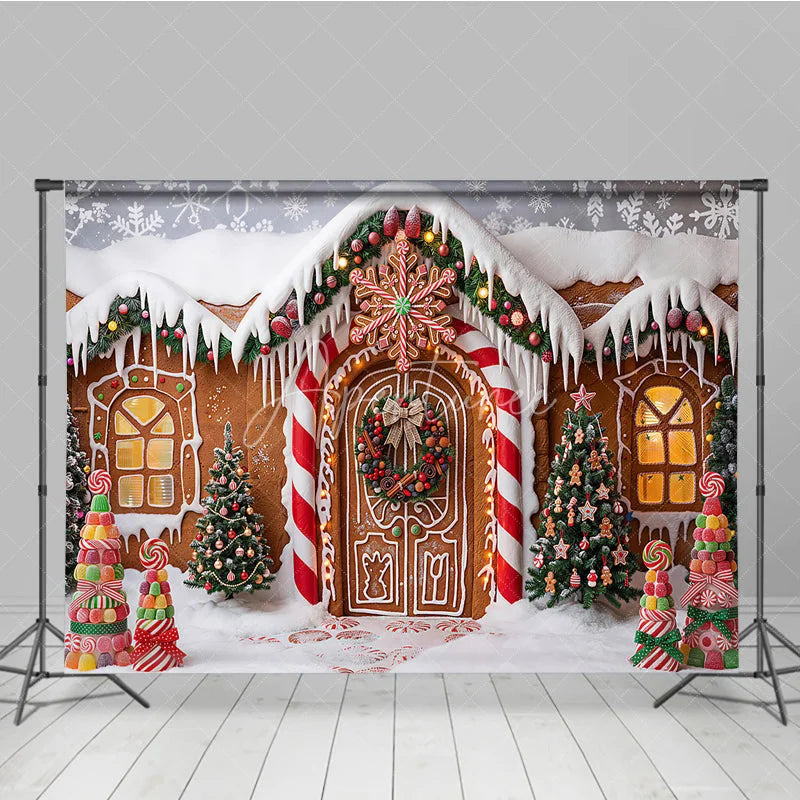 Aperturee - Aperturee Sweet Gingerbread House Christmas Holiday Backdrop with Snow Covered Roof and Candy Trees Winter Wonderland Party