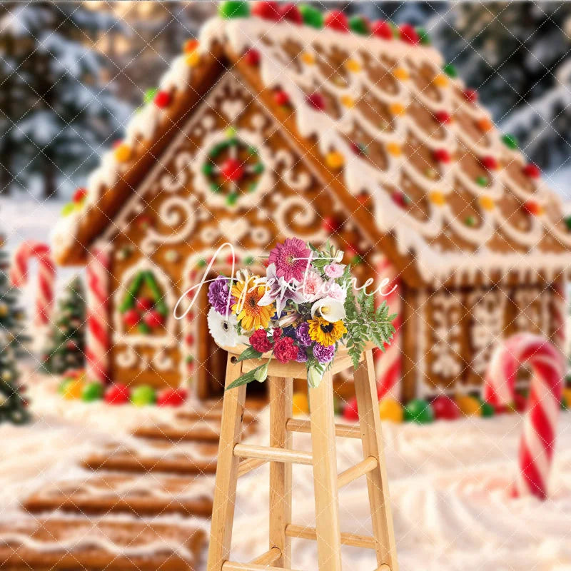 Aperturee - Aperturee Sweet Gingerbread House Holiday Backdrop with Snowy Winter Forest and Candy Canes Festive Christmas Party Decor
