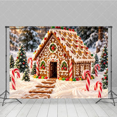 Aperturee - Aperturee Sweet Gingerbread House Holiday Backdrop with Snowy Winter Forest and Candy Canes Festive Christmas Party Decor