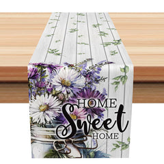 Aperturee - Aperturee Sweet Home Daisy Table Runner with a Wooden Pattern White Floral on a Rustic Background Farmhouse Kitchen Decor