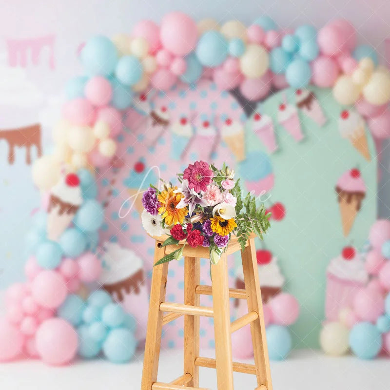 Aperturee - Aperturee Sweet Ice Cream Shop Arch Backdrop Pastel Milkshake for Birthday Party Cake Smash
