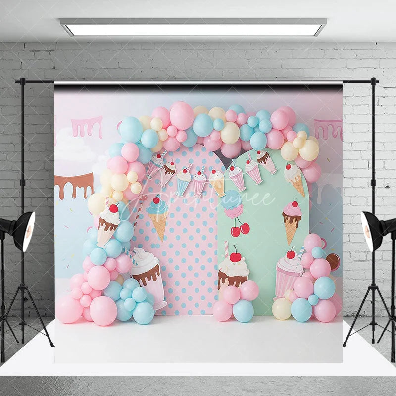 Aperturee - Aperturee Sweet Ice Cream Shop Arch Backdrop Pastel Milkshake for Birthday Party Cake Smash