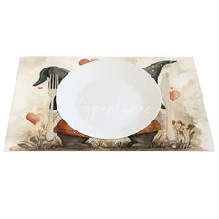 Aperturee - Aperturee Sweet Kissing Gnome Set of 4 Placemats Black Hat Valentine Decoration Watercolor Heart Dining Table Mat