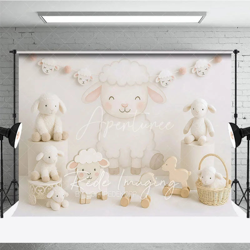Aperturee - Aperturee Sweet Little Lamb and White Sheep Photo Backdrop Farm Animal Birthday Cake Smash Background